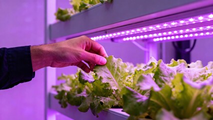 startup seed technology growth nature concept. Hand inspecting lettuce growing under purple LED lights in indoor farm.