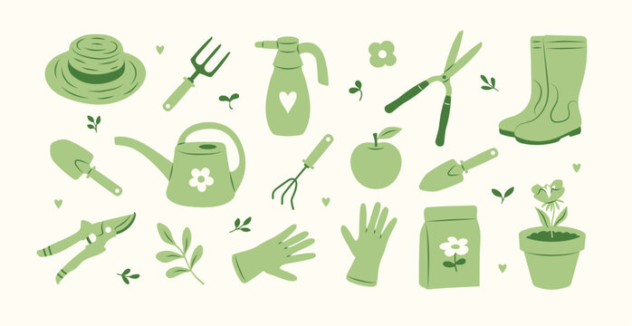 Hand drawn set of garden tools doodle illustrations
