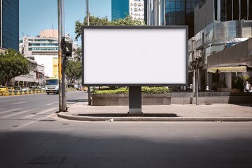 Fototapeta premium A blank, photorealistic billboard model, located on a bustling city street corner, with realistic textures and natural lighting, which can be customized with any advertisement or graphic at any time.