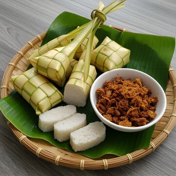 A traditional serving of ketupat rice cakes wrapped in woven palm leaves, accompanied by sliced rice and a bowl of fried coconut serunding, presented on banana leaves in a woven bamboo tray.