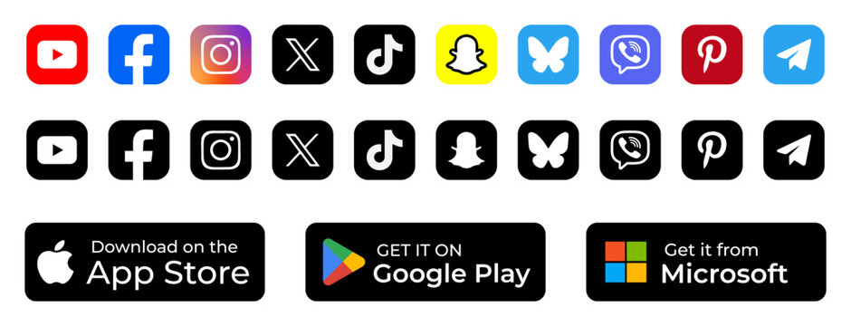 Popular social media logo icons set with Google Play, App Store and Microsoft Store download app buttons. Social media logos vector