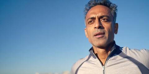Fototapeta premium Mature asian male running outdoors in athletic wear under clear blue sky
