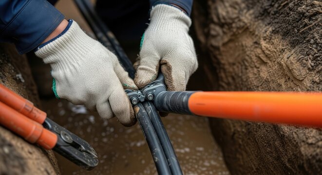 Close-up of gloved hands using pliers to connect electrical cables in underground dirt trench. Utility worker splicing wires for infrastructure maintenance. Electrical installation and repair concept