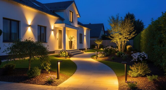 Modern suburban house exterior at night with illuminated garden pathway and landscape lighting. Cozy residential home with plants trees and warm pathway lights. Evening architecture and outdoor