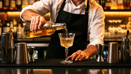 Bartender pours drink into glass at busy bar in the evening, showcasing cocktail preparation skills in vibrant atmosphere