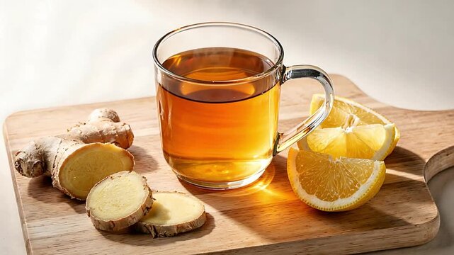 Glass cup of ginger tea with lemon slices and ginger root on cutting board. Natural herbal drink for health.