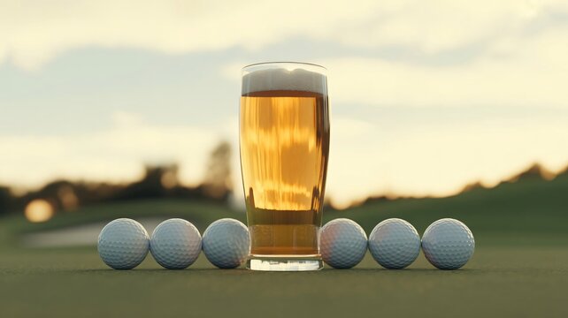 A tall glass of beer surrounded by golf balls on a golf course during sunset with a blurred background with leisure and hobby and sport and relaxation and alcohol