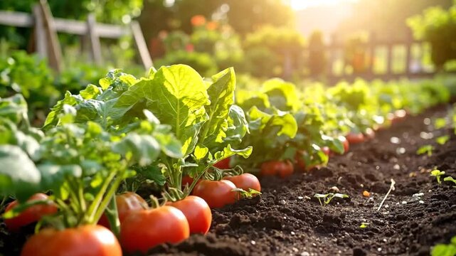 Fresh tomatoes and leafy green vegetables growing in a sunny garden, ready for harvest.