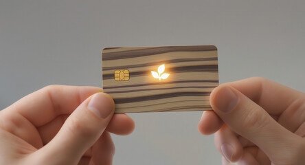 startup seed technology growth nature concept. Transparent credit card with a leaf symbol held between two hands