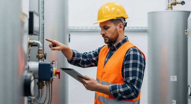 Man technician inspecting pipes and valves in boiler room. Worker in safety helmet checking industrial equipment with digital tablet. Maintenance and technical service concept in manufacturing