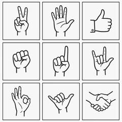 Fototapeta premium A set of hand drawings of thumbs up, thumbs down, and other hand gestures.