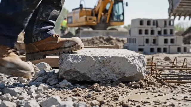 Close-up of a construction worker stepping on concrete rubble. Heavy duty work boots on a building site. Industrial labor and safety concept