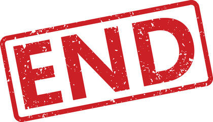 A striking red rubber stamp clearly displays the word END on a bright white background