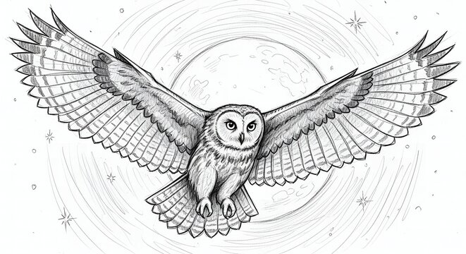 Pencil drawing sketch of an owl flying at night.
