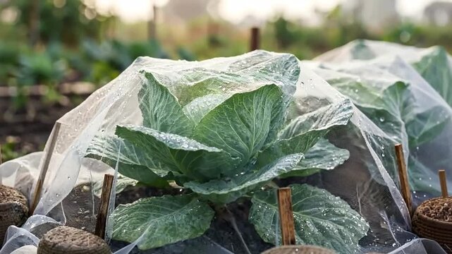 Green cabbage head beneath protective netting in a garden bed with wooden stakes, showing water droplets on leaves