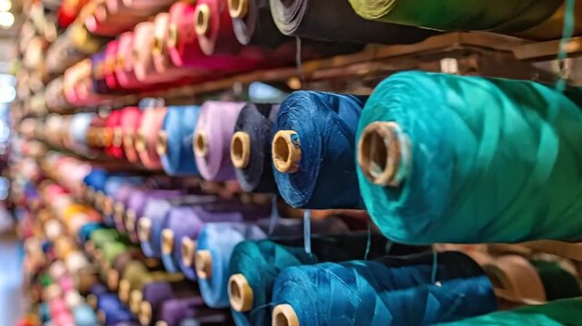 Colorful spools of thread neatly arranged on shelves, creating a vibrant display in a textile shop.