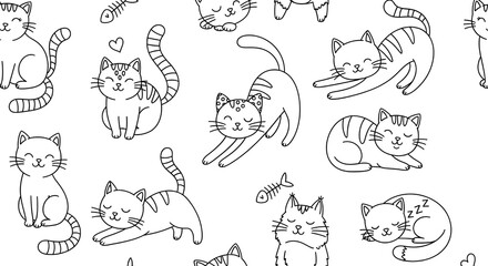 Seamless Pattern of Cute Cartoon Cats and Kittens in Outline Style