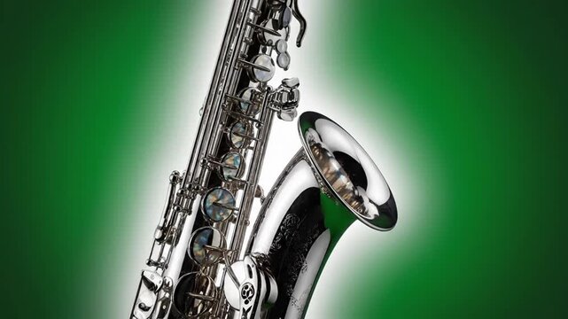 Shiny silver saxophone bell and keys on green backdrop
