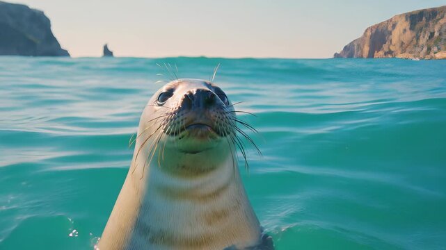 Playful Harbor Seal Pup Swims and Bobs in Clear Turquoise Water, Displaying Curiosity and Joyful Energy.