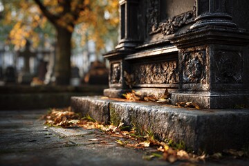 Fototapeta premium Ancient stone steps with autumn leaves urban heritage historical architecture detail