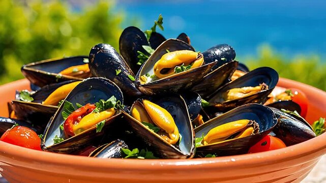 Steamed mussels with tomatoes and herbs in a bowl, a culinary dish of seafood for a summer meal near the ocean
