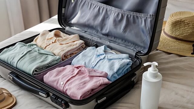 Open suitcase with organized clothes on bed, ready for vacation travel with sandals, hat, sunglasses, and pump bottle