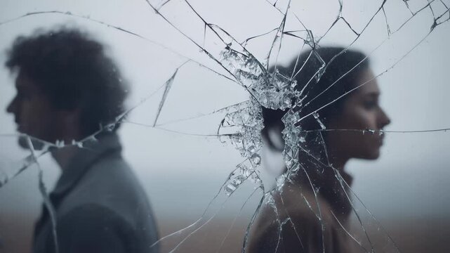Two people standing back to back with a broken glass view separating them in a foggy setting during the morning