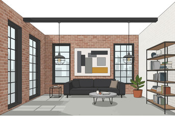 Modern Loft Living Room with Industrial Accents and Artwork. © Gerry
