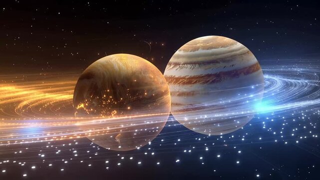 Cosmic scene shows two planets and swirling cosmic dust in space with bright colors at nighttime