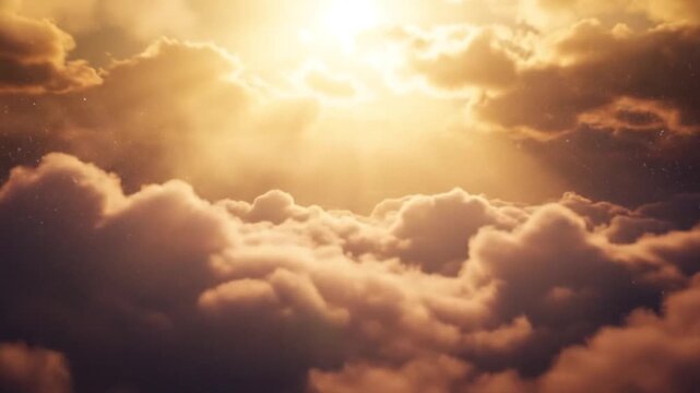 Sun shining brightly through a layer of fluffy golden clouds, creating a majestic and celestial atmosphere above the puffy sky