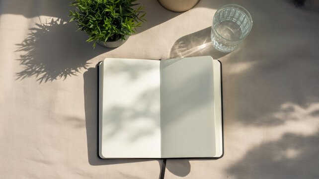 A top down shot shows an open blank notebook on a table with a glass of water and a small potted plant casting leaf shadows on a sunny day with still and life and view