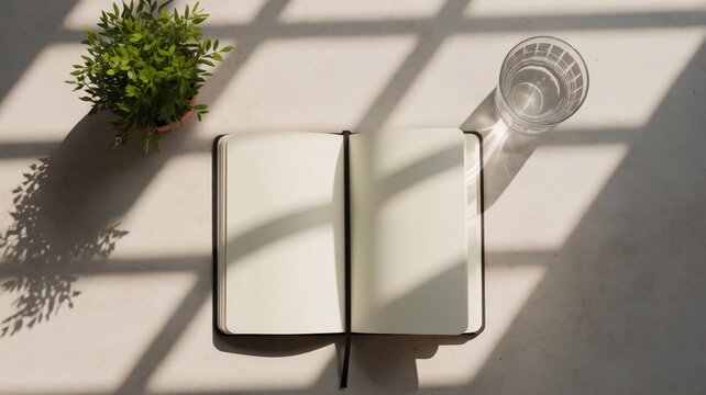 A top down shot shows an open blank notebook on a table with a glass of water and a potted plant bathed in natural light from a window with shadow and desktop and organizer