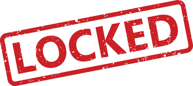 A vibrant red rectangular rubber stamp prominently features the bold word LOCKED against a pristine white background