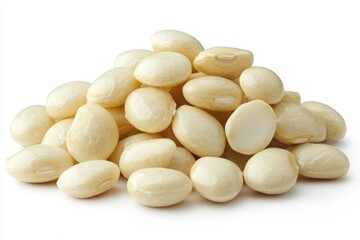 A pile of white beans is shown against a white background.