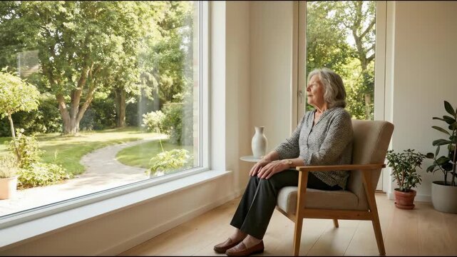 Elderly woman sitting armchair by large window looking garden pathway with sunlight and plants overlooking sunny garden pathway for peaceful
