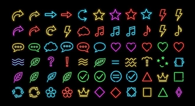 Neon colorful icons set including symbols signs and shapes on black background for design