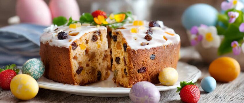 Festive fruit cake with easter eggs, festive baking and seasonal celebration.