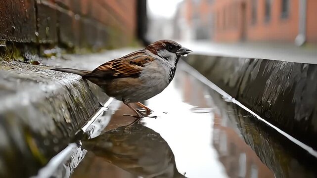 A small sparrow drinks water from a gutter on a city street.