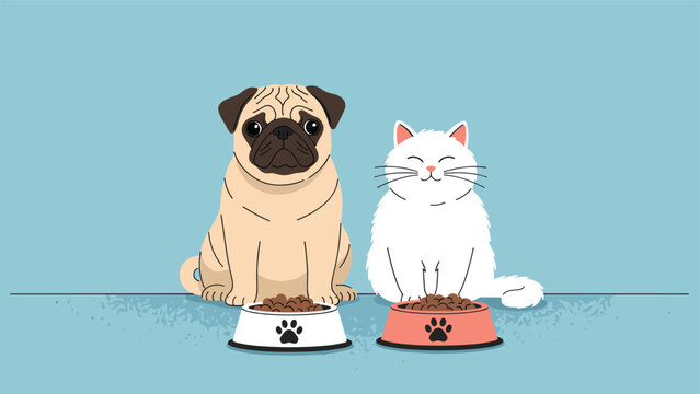 Cute illustration of a tan pug dog and a fluffy white cat sitting together with their respective food bowls on a blue background.
