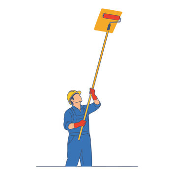 Interior painter using extended roller pole to reach high ceiling surface