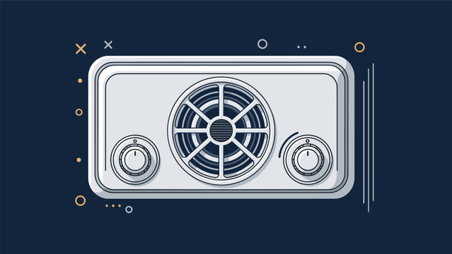 Retro style car radio or electronic control panel with circular knobs and a central speaker grill in a clean flat graphic design.