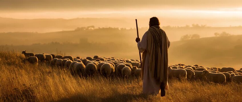 Jesus walking on a peaceful hillside at twilight amid sheep.