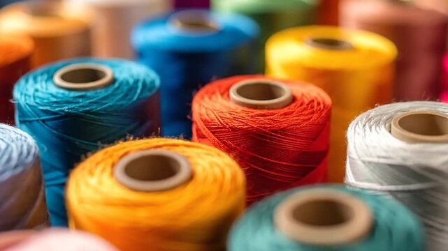 Close-up of colorful spools of thread, showcasing a vibrant array of sewing supplies for crafting.