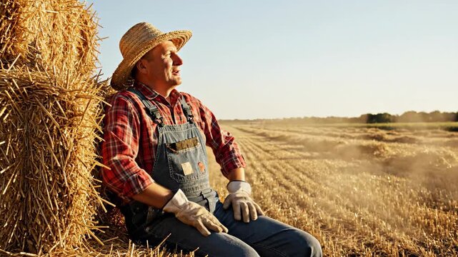 Tired farmer resting on a hay bale after harvest. Agricultural worker taking a break and wiping sweat in a sunny field. Hard work concept