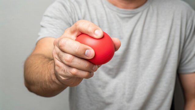 Stress ball healthcare Man in gray shirt holding a red stress ball in his hand against a plain background.