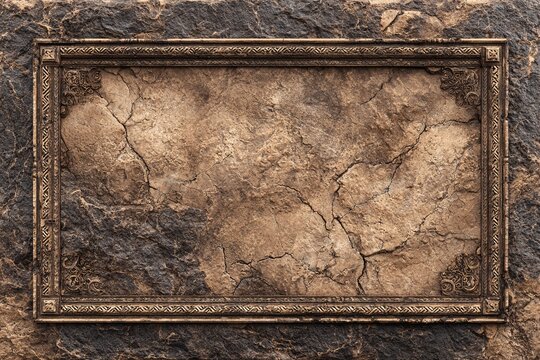 Antique cracked stone wall texture in rustic iron frame vintage background