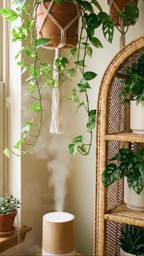 Wood grain humidifier emitting mist near indoor plants and macrame hangers in a cozy boho room