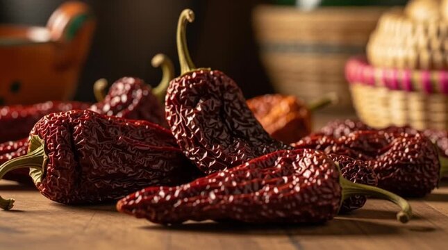 Spicy red peppers on a wooden table indoors