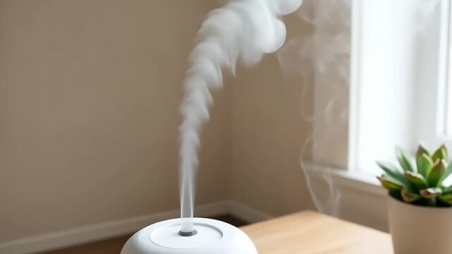 White aromatherapy diffuser on a wooden table. Essential oil humidifier emitting mist for relaxation. Home air purification concept.