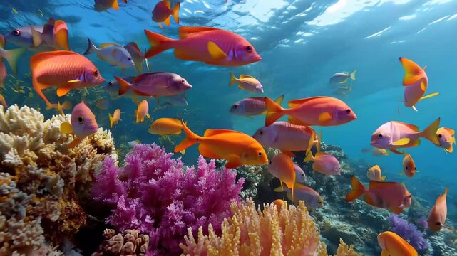 Colorful fish swim among coral in a vibrant underwater scene near a tropical reef during midday hours